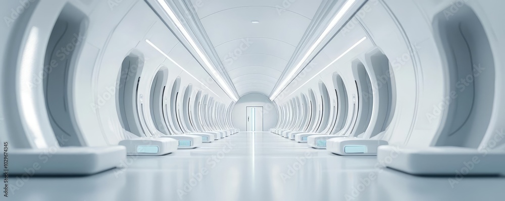 Poster futuristic corridor with white walls and illuminated spaces, minimalistic design.
