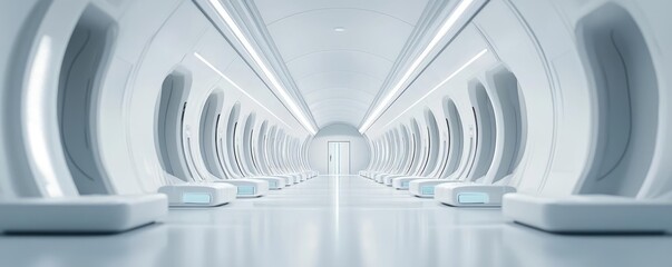 Naklejka premium Futuristic corridor with white walls and illuminated spaces, minimalistic design.
