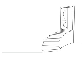 Continuous single line sketch drawing of open door and stairs for business achievement and future freedom hope entrance opportunity one line vector illustration