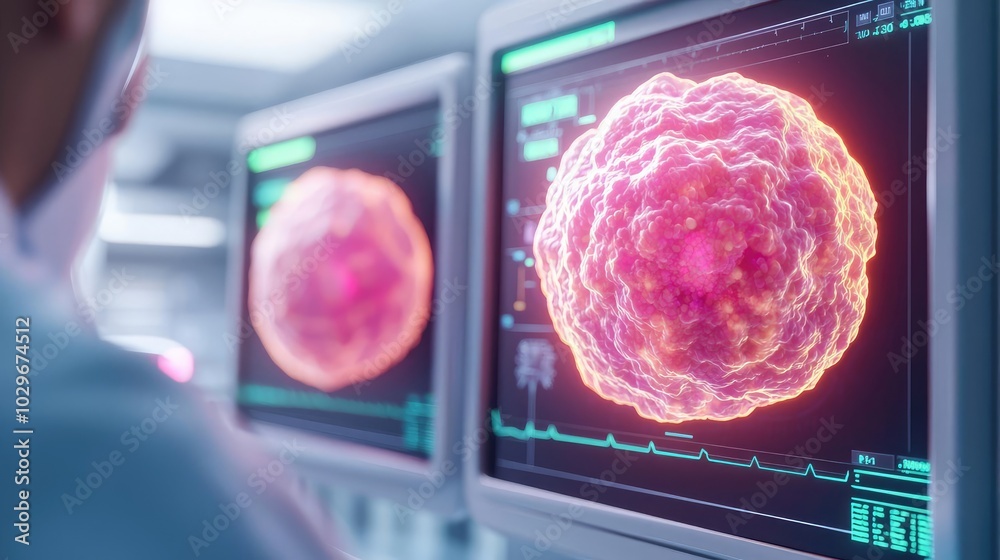 Poster healthcare professional examining cells on monitors in a lab setting.