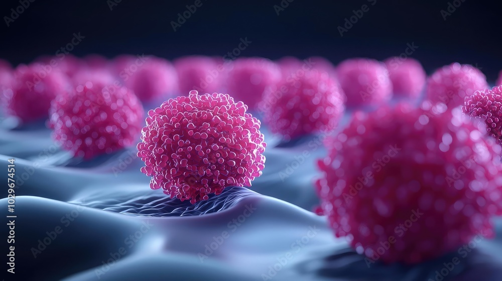 Poster microscopic view of pink cells on a textured surface, isolated on dark background.