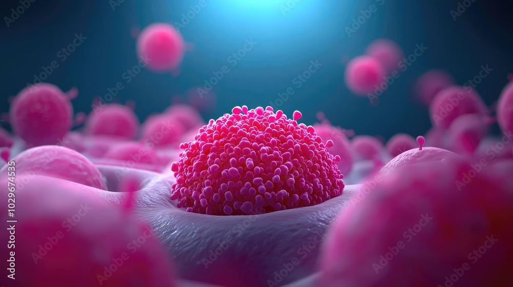 Poster cellular structure with pink spheres on a dark background, light illumination.