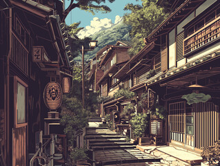Fototapeta premium 日本の街の風景｜ドット絵