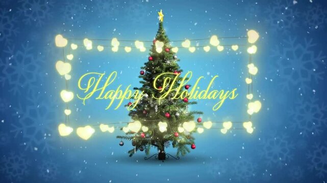 Animation of happy holidays text and glowing string lights over christmas tree and falling snow