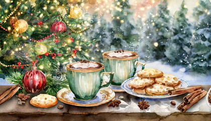 Cozy Christmas scene with two teacups of hot cocoa, gingerbread cookies, cinnamon rolls, and star anise, set against a snowy backdrop of decorated pine trees and twinkling fairy lights.
