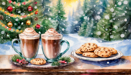 Cozy Christmas scene with two mugs of hot cocoa, gingerbread cookies, cinnamon rolls, and star anise, set against a snowy backdrop of decorated pine trees and twinkling fairy lights.
