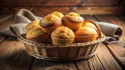 Basket of freshly baked cornbread muffins on rustic wooden table