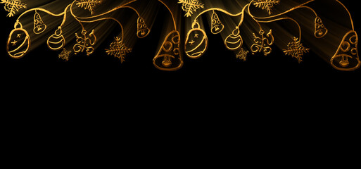 Fototapeta premium Golden christmas decoration is hanging on black background with copy space