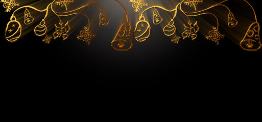 Golden christmas decoration is hanging on black background with copy space