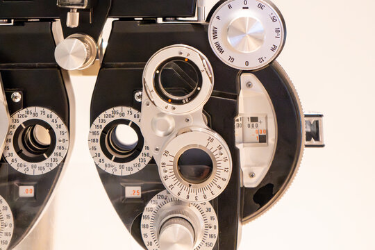 Phoropter (refractor) in an optometry (opthalmologist) office to measure eye sight and vision for lens prescriptions