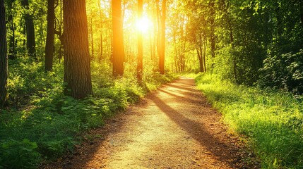 Obraz premium Serene Forest Pathway with Sunlight Glimmering Through Trees