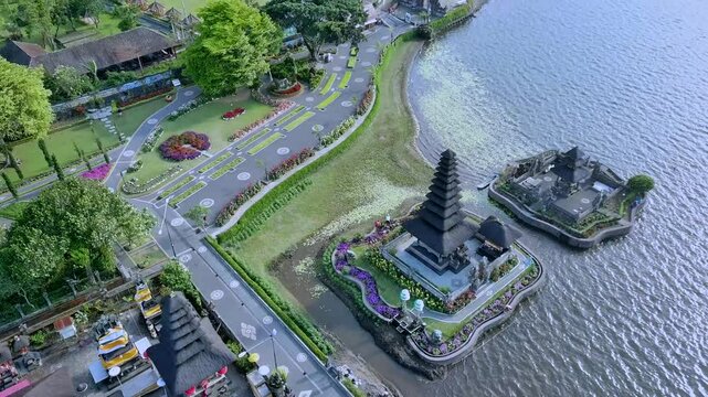 Drone View of Ulun Danu Beratan Temple at Tabanan Bali