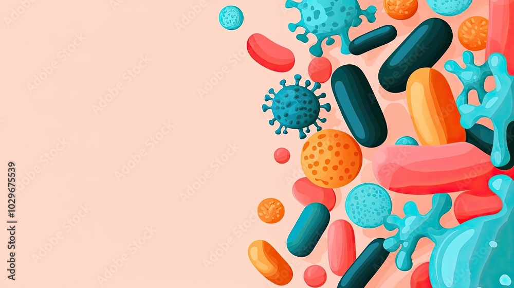 Poster colorful microbes and bacteria on a soft peach background