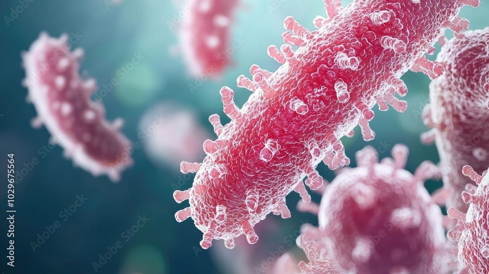 Poster microscopic view of pink bacteria on a colorful blurred background.