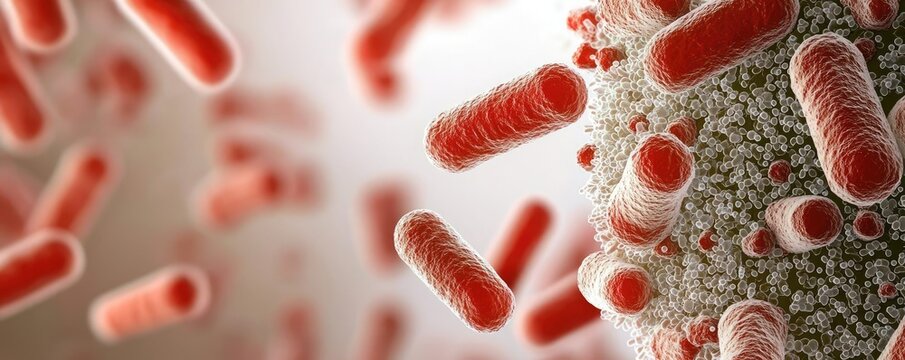 Close-up of virus particles with detailed textures and vibrant colors.