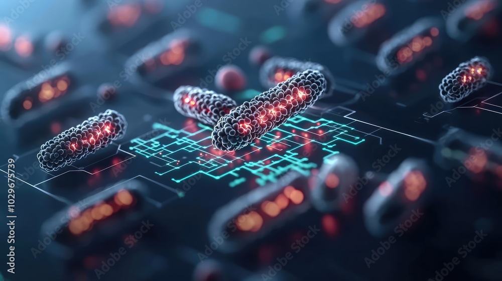 Poster abstract representation of bacteria in a digital environment, science and technology concept.