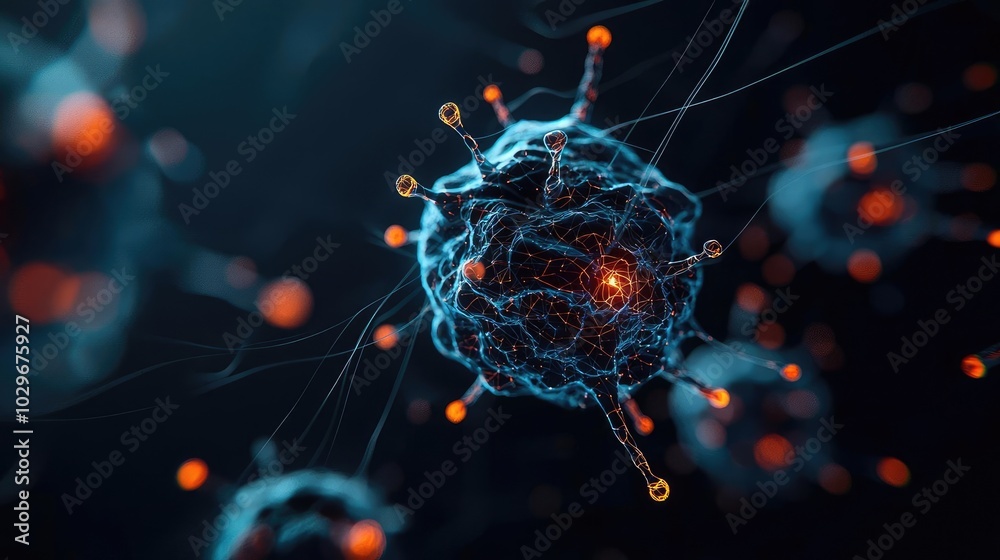 Poster abstract illustration of a cell with glowing particles in a dark background.