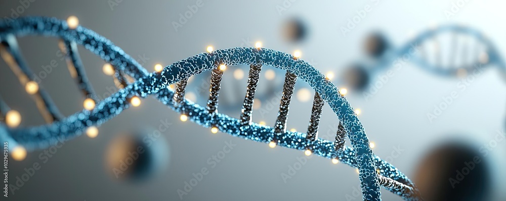 Poster Close-up of DNA helix structure with glowing elements and abstract background.
