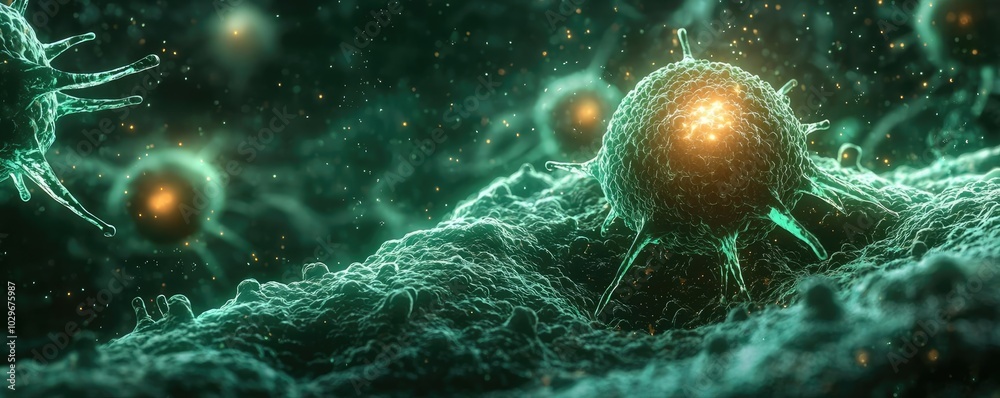 Poster microscopic view of glowing cells on a dark background, showcasing cellular structures.