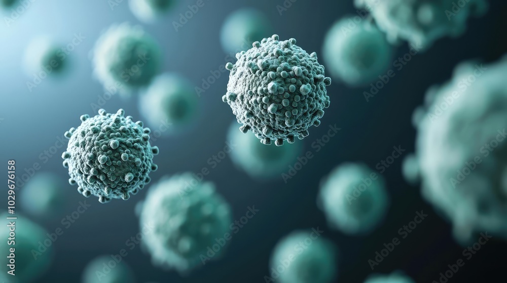 Poster microscopic view of bacteria and viruses in a dark background.