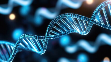 Close-up of a DNA strand on a dark background with blue highlights.