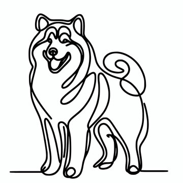 Alaskan malamute dog linear sketch continuous line art drawing style, malamute outline silhouette design