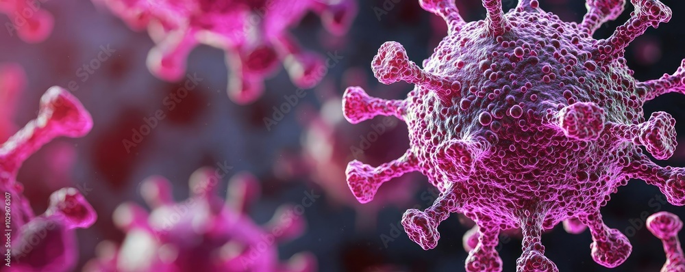 Poster microscopic view of virus particles on a dark background.