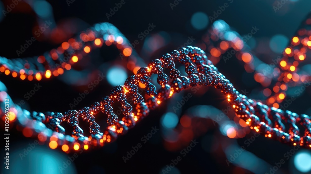 Poster textured molecular structure with vibrant glowing strands on dark background.