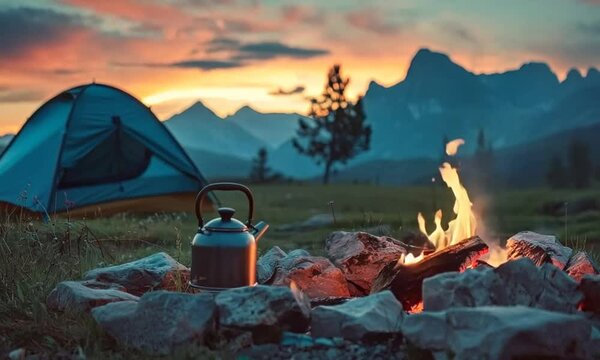 A cozy campfire with a teapot resting on the edge, nestled beside a tent, with majestic mountains forming a breathtaking backdrop.