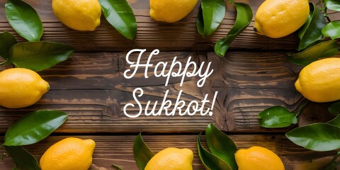 Happy Sukkot with Lemons and Leaves on Rustic Wooden Background