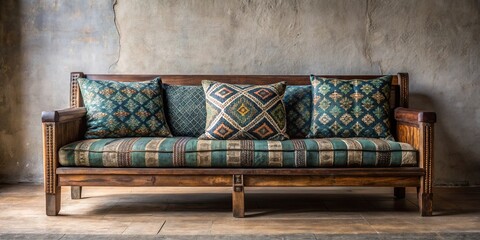 A rustic wooden couch with intricate carvings, adorned with patterned cushions, rests against a weathered concrete wall.
