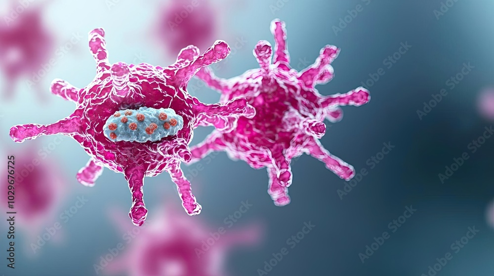 Poster close-up of colored virus cells on a translucent background.