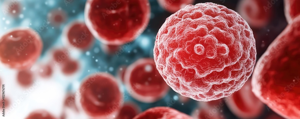 Poster Microscopic view of red cells with a soft bokeh background, white isolate background