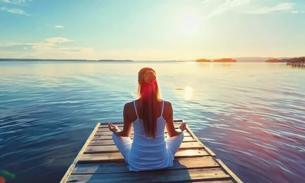 Calm morning meditation by the lake. Young woman outdoors on the pier. Wellbeing and wellness soul concept
