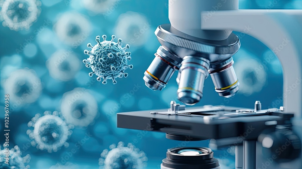 Poster microscope observing viruses, blue background with floating virus illustrations.