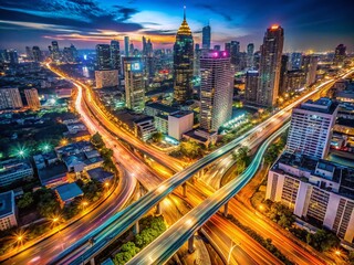 Fototapeta premium Aerial Night View of Bangkok City with Traffic Trails and Modern Architecture