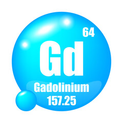 Gd icon. Gadolinium element. Atomic number 64. Mass 157.25. Blue sphere background. Vector symbol.