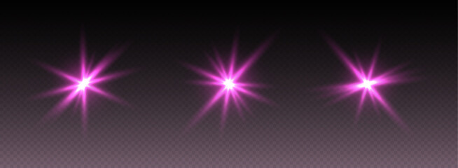 Pink lens flare, glowing star with rays, shiny flash spark, bright cosmic explosion. Vector illustration.