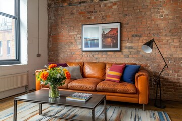 A cozy living room featuring a brick wall, vibrant orange sofa, colorful pillows, a sleek coffee table, and a touch of greenery with flowers.