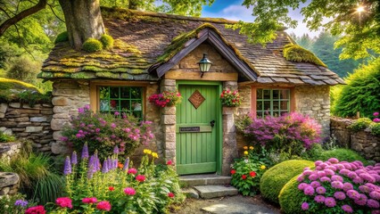 A Stone Cottage with a Green Door Embraced by a Lush Garden, Bathed in the Golden Light of Dawn