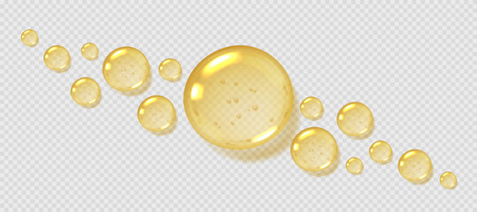Oil drops, yellow serum with bubbles, transparent honey droplets top view, realistic glossy liquid, moisturizing cosmetic product, hyaluronic acid concept. Vector illustration.