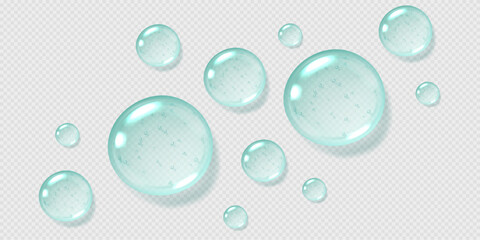 Mint serum drops, transparent gel droplets, realistic glossy liquid, moisturizing cosmetic product, hyaluronic acid or fresh gel toothpaste concept. Vector illustration.