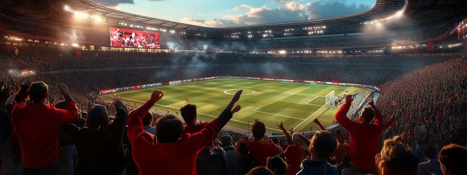 Exciting soccer match in a packed stadium with cheering fans during a vibrant sunset