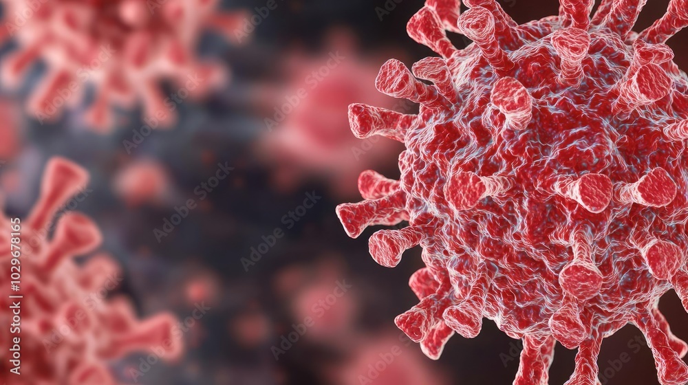 Poster microscopic view of a virus on a dark background, detailed and vivid structure.