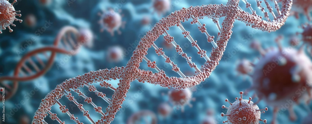 Poster Microscopic view of DNA structure with viruses on a blue background.