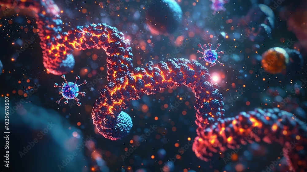 Poster abstract representation of molecular structures in vibrant colors, dark background.