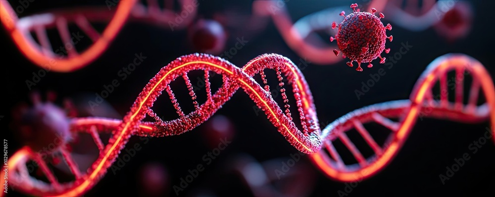 Poster close-up view of dna strands with colorful virus on a dark background.