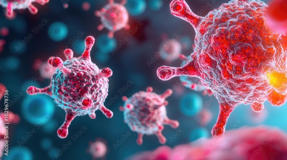Poster close-up of virus cells on a colorful background, white isolate background.