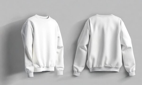 Two white blank sweatshirts, front and back view. Apparel mockup concept