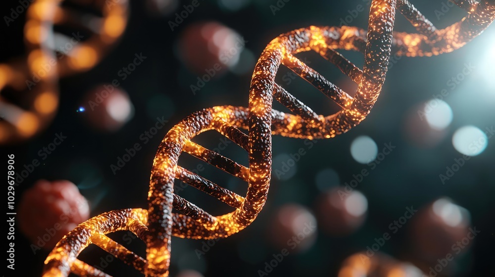 Poster close-up of a glowing dna strand with intricate details and vibrant colors.